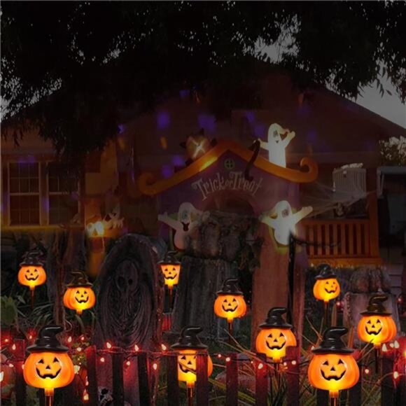 6 Pack Solar Jack O Lantern Stake String Lights - Orange Halloween Pathway - Picture 6 of 8